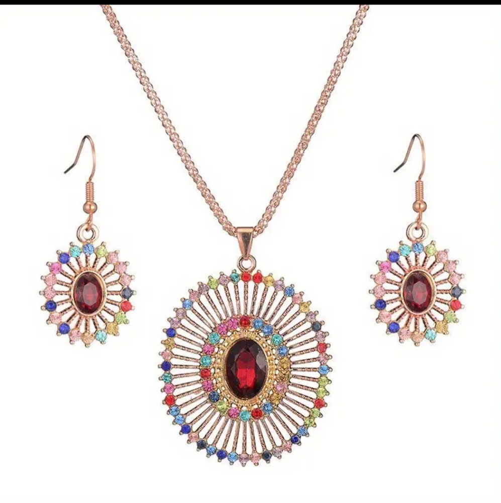 Rose Gold Multicolor Pendant Necklace and Earring Set. NWT
